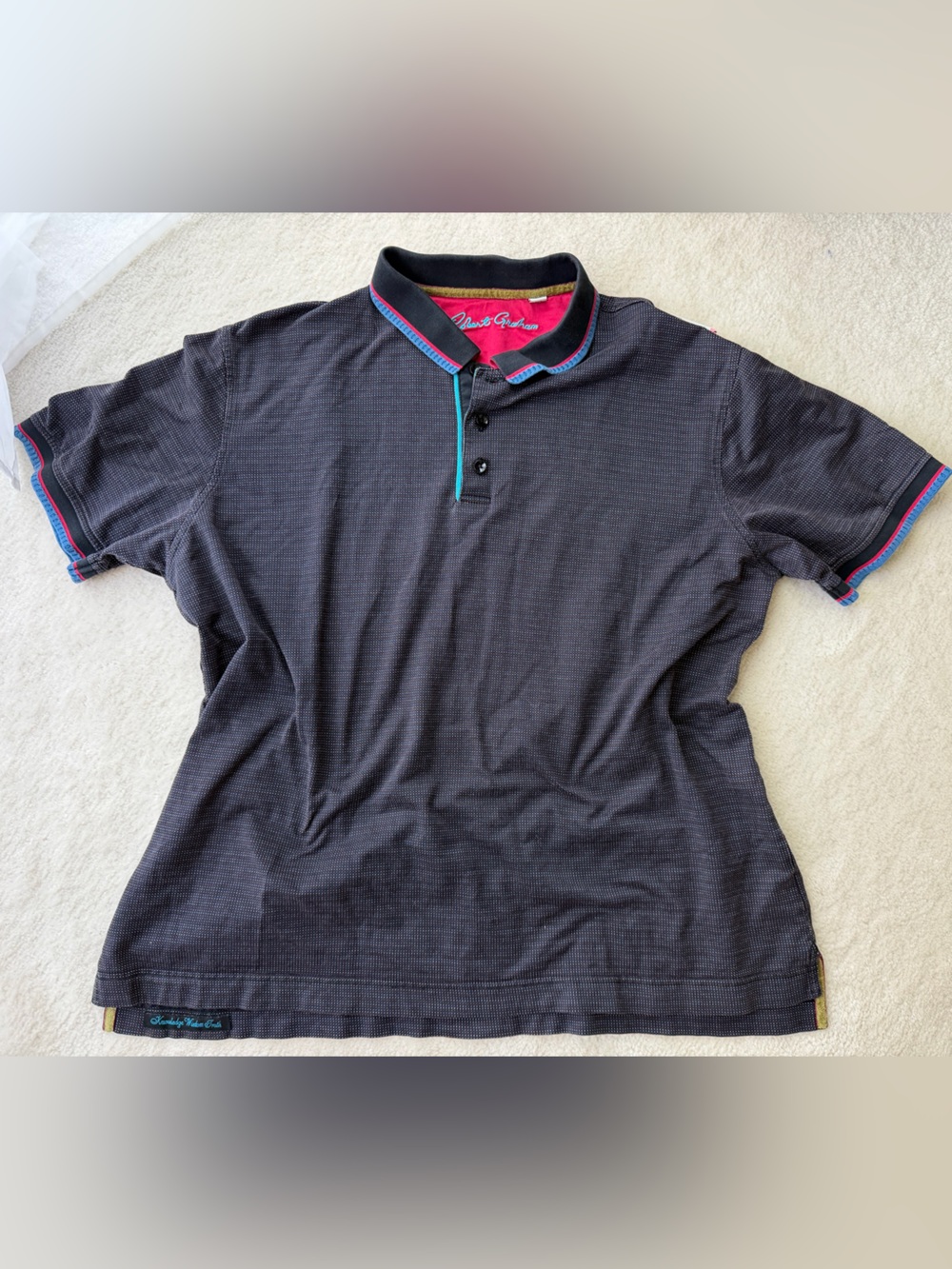Robert Graham Black Cotton Polo with Blue & Pink Trim